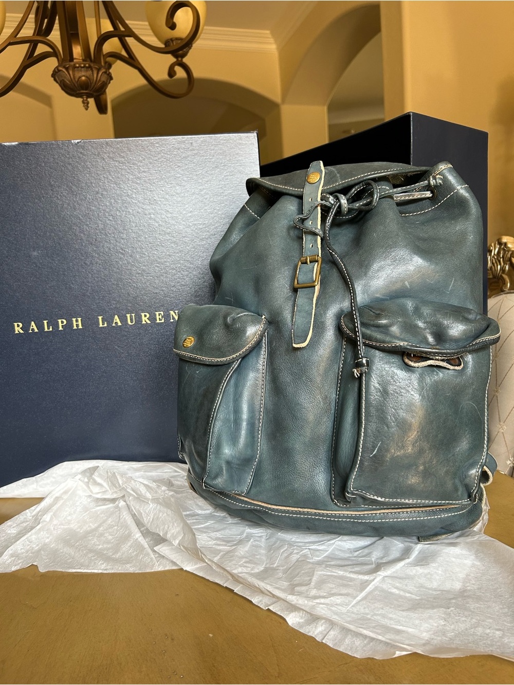 Ralph Lauren Double RL Indigo Leather Backpack. New